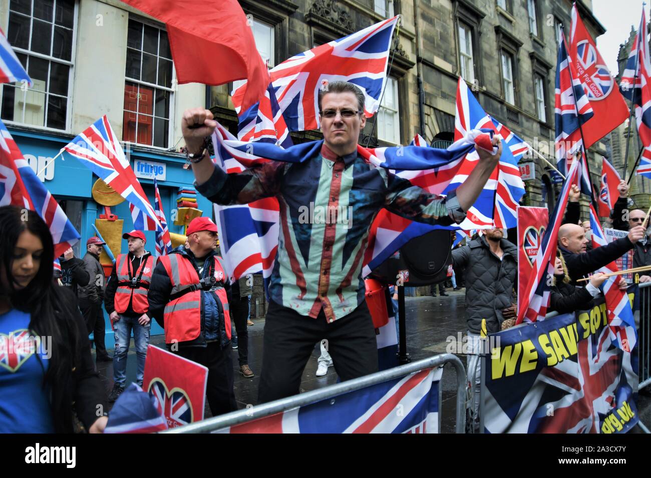 Alistair McConnachie and the AFFG Unionist support make their presence felt at the AUOB March of Independence 2019 Edinburgh. Stock Photo
