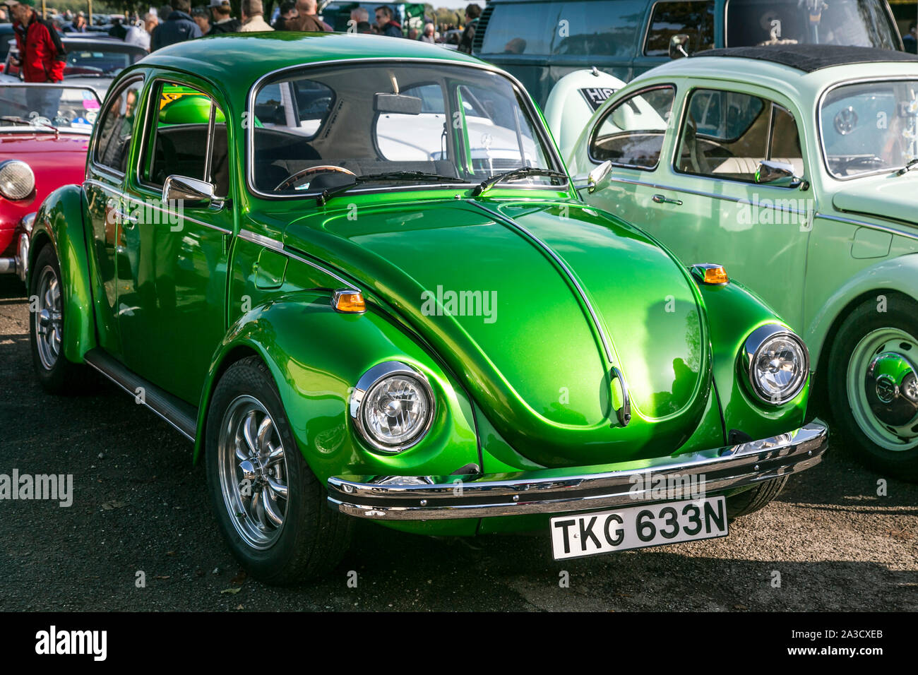 Beautifully restored metallic green, Volkswagen Beetle 1300cc at the Bicester Heritage, Sunday Scramble in October 2019 Stock Photo