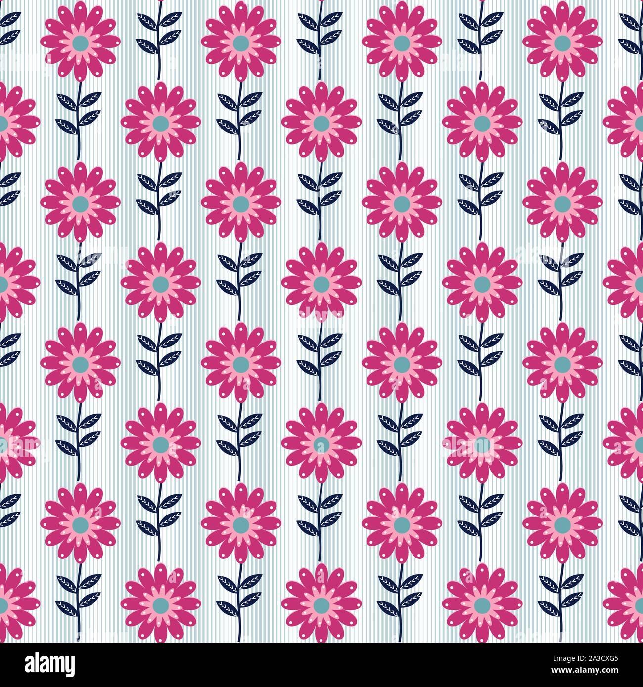 Seamless vector flower pattern in folk art style with striped background.  Stock Vector