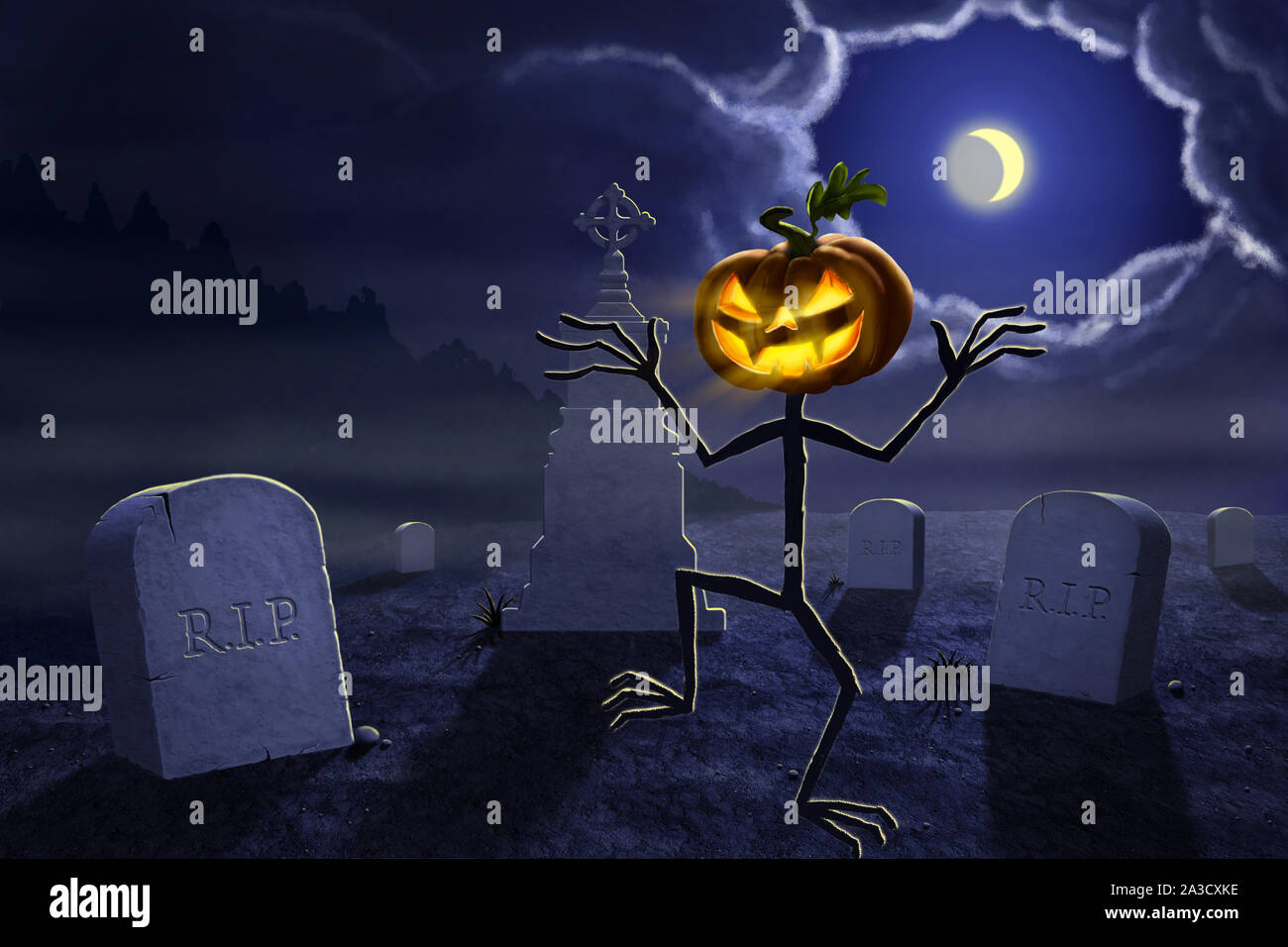 Halloween illustration of a Jack o'lantern. Old halloween cemetery at ...