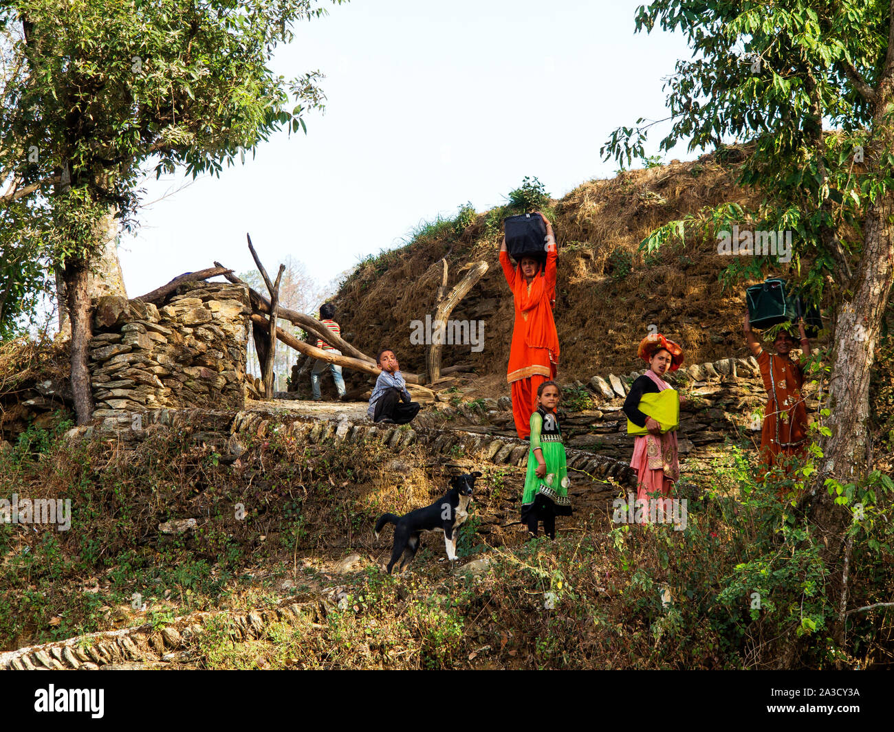 Inabitants of Dalkanya, a remote village on the Nandhour Valley, Kumaon Hills, Uttarakhand, India Stock Photo