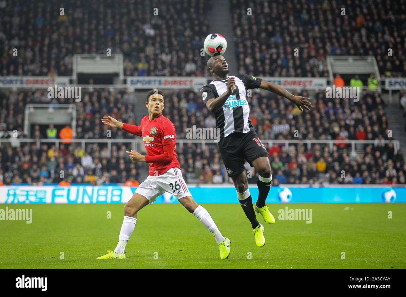 Jetro Willems (on loan from Eintracht Frankfurt) of Newcastle United and Mason Greenwood of Man Utd during the Premier League match between Newcastle United and Manchester United at St. James's Park, Newcastle, England on 6 October 2019. Photo by J GILL / PRiME Media Images. Stock Photo