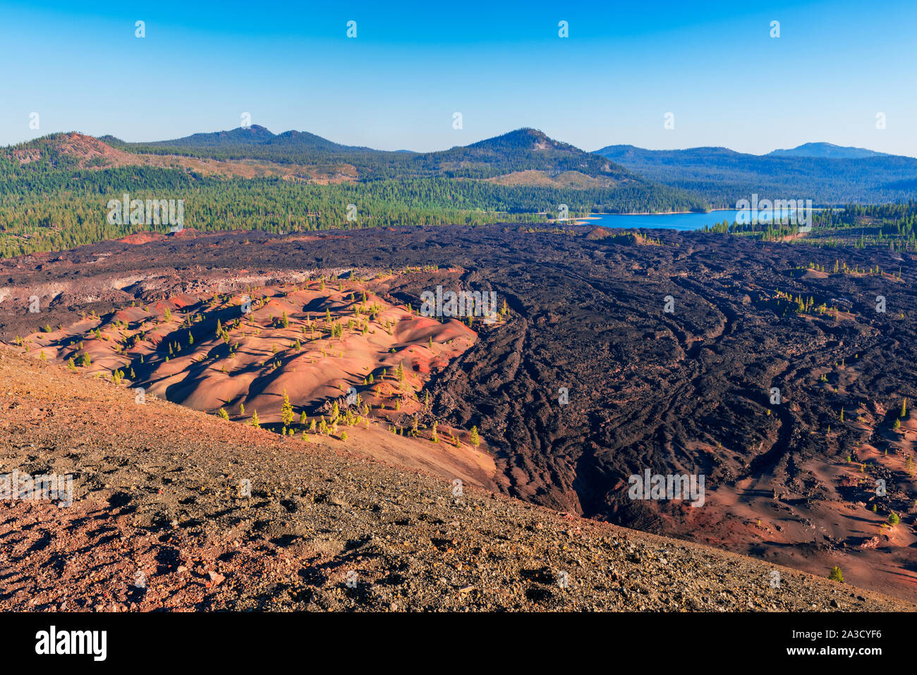 Painted Dunes and Snag Lake in Lassen Volcanic National Park California USA Stock Photo