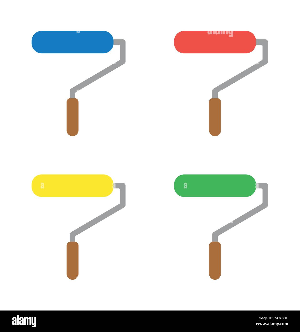 Vector icon set of paint roller brushes. Flat color style. Stock Vector