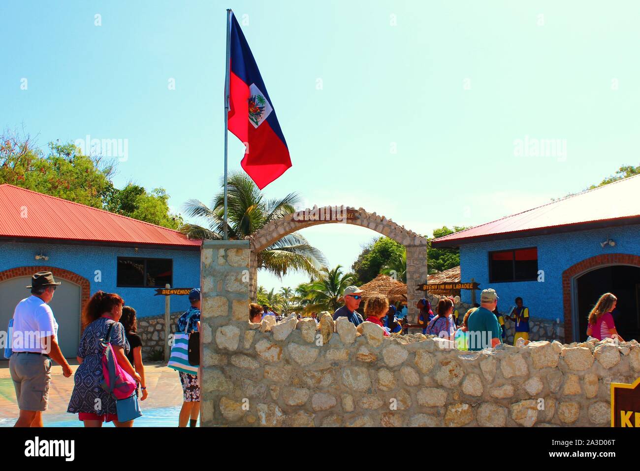 Tourists enter the resort of Labadee, Haiti, which is privately owned by Royal Caribbean International for the exclusive use of its cruise ships. Stock Photo