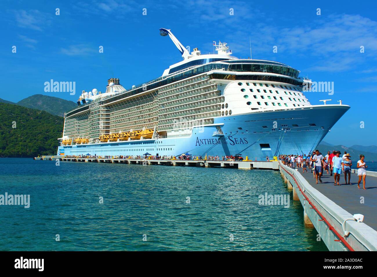 The Royal Caribbean Anthem Of The Seas cruise ship, docked in port in Labadee, Haiti, which is a resort privately owned by Royal Caribbean. Stock Photo