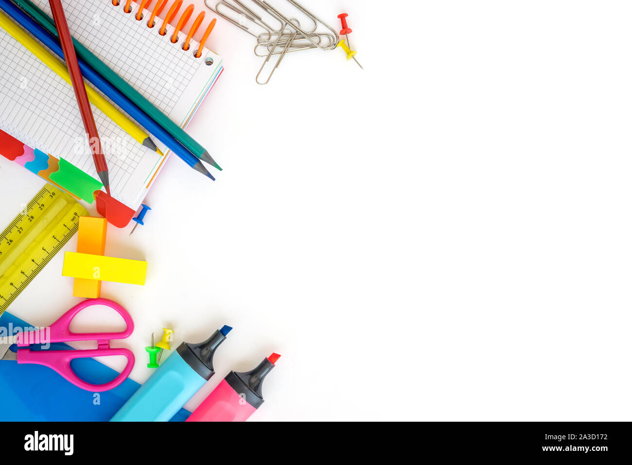 School supplies on white background. Free space for text. Top view