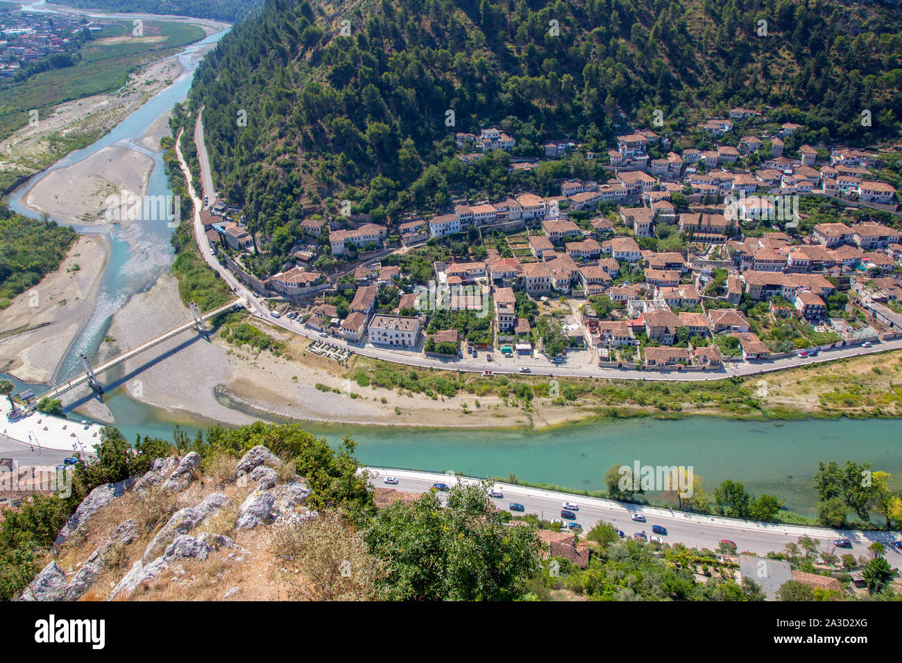 iew from the castle hill to Osum River and the historic Old Town of Berat in Albania, UNESCO World Heritage Site Stock Photo