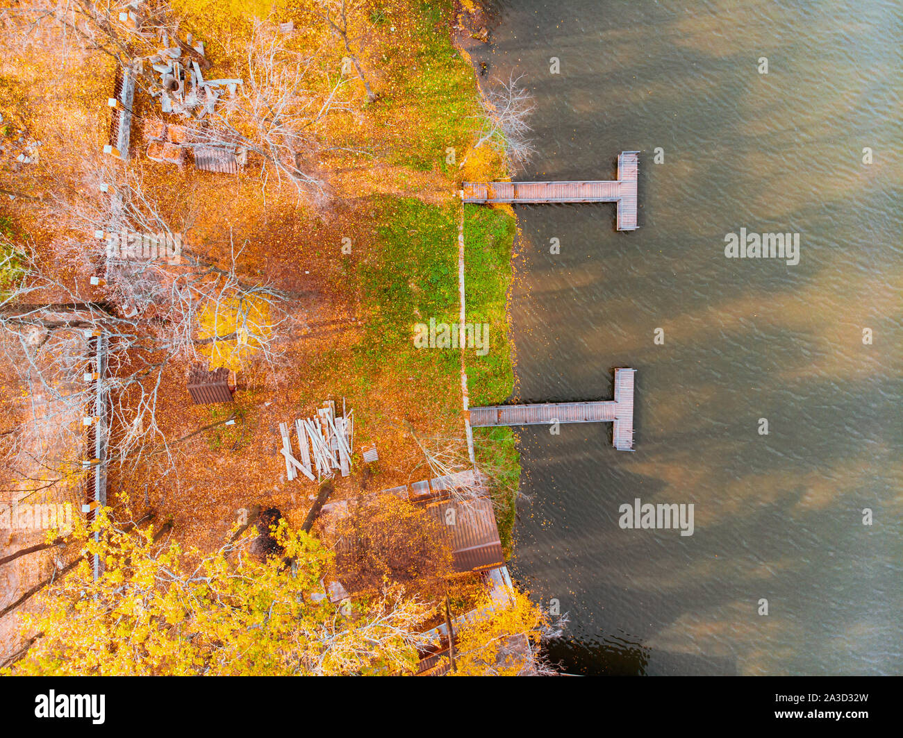 aerial view of autumn forest park near lake with piers Stock Photo - Alamy