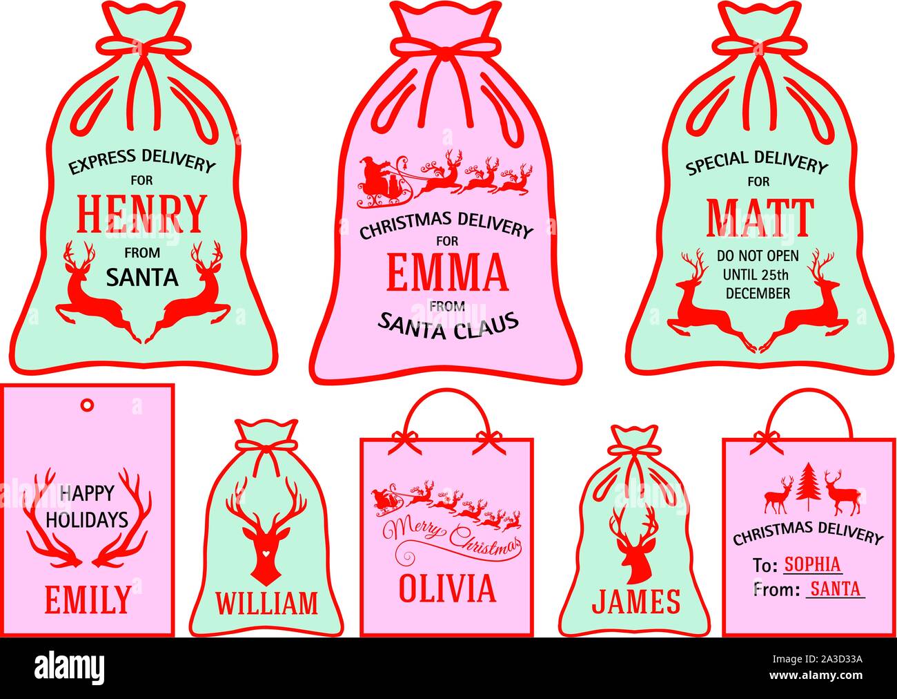 Christmas bags, labels and tags with Santa sleigh and reindeer, set of