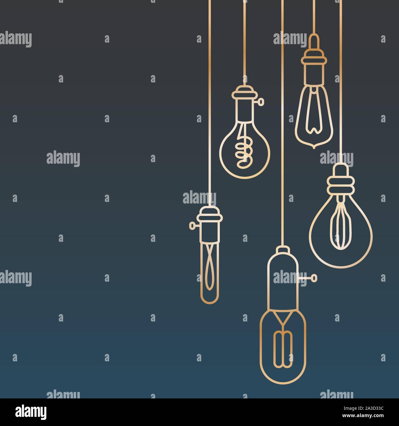 Card template with retro stylized linear electric bulbs Stock Vector