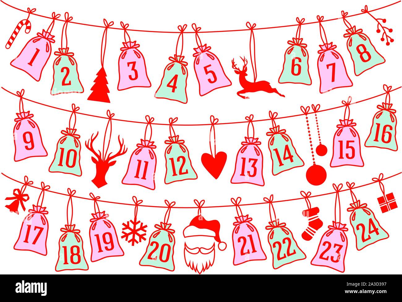 Advent calendar with Christmas bags, stocking, Santa Claus and reindeer, set of vector design elements Stock Vector