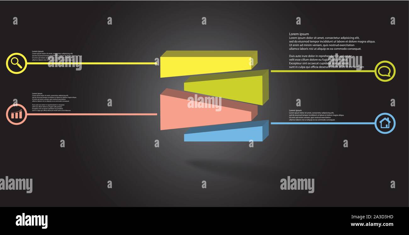 3D illustration infographic template. The embossed cube is randomly divided to four shifted color parts. Object is arranged on grey black background. Stock Vector