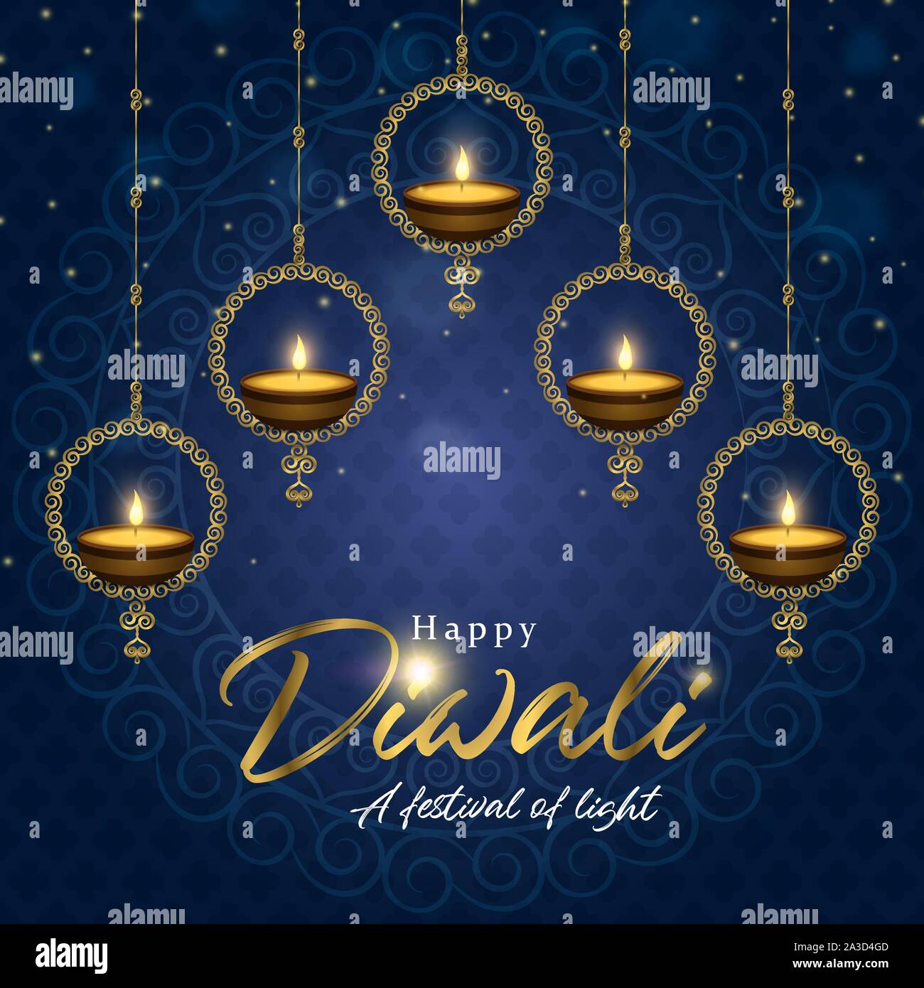 Happy Diwali greeting card of gold diya candles and elegant golden ...