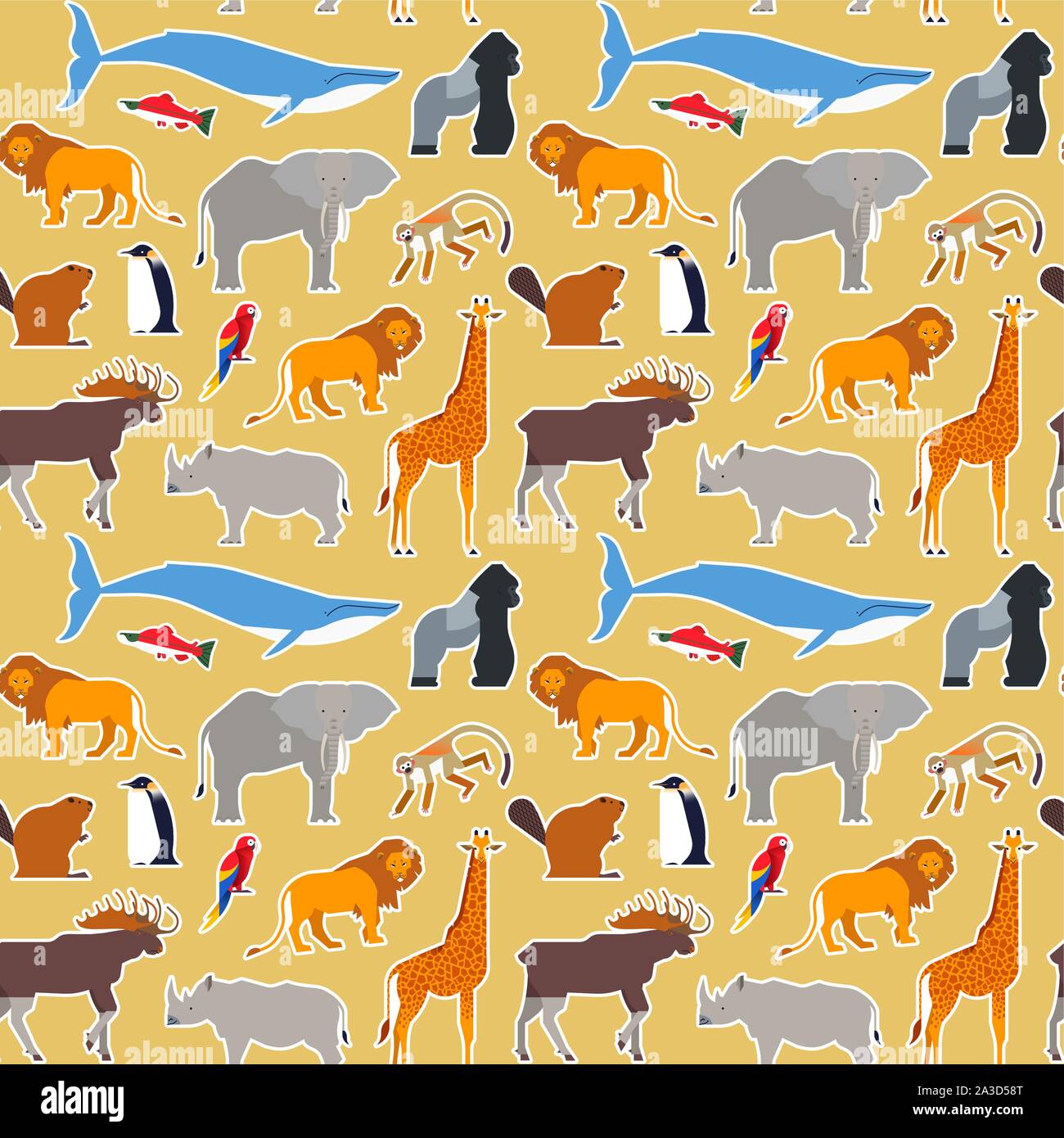 Animal seamless pattern of diverse wild animals cartoon icons for educational wildlife children design or endangered fauna background. Stock Vector