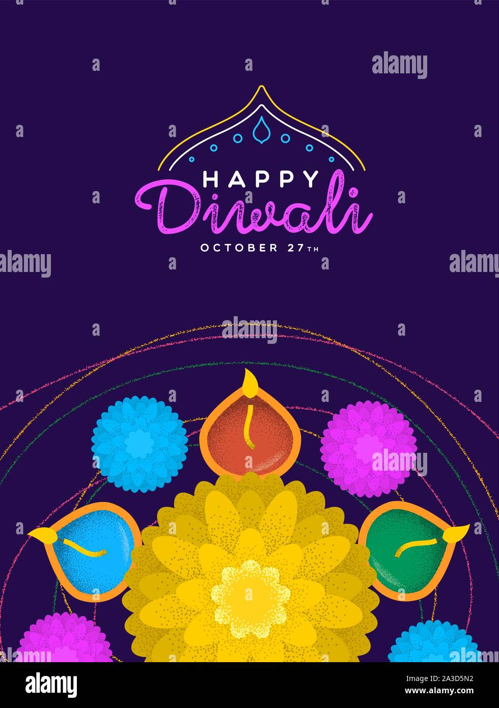 Happy Diwali festival greeting card illustration of traditional hindu  celebration flowers and candles cartoon for indian holiday event Stock  Vector Image & Art - Alamy
