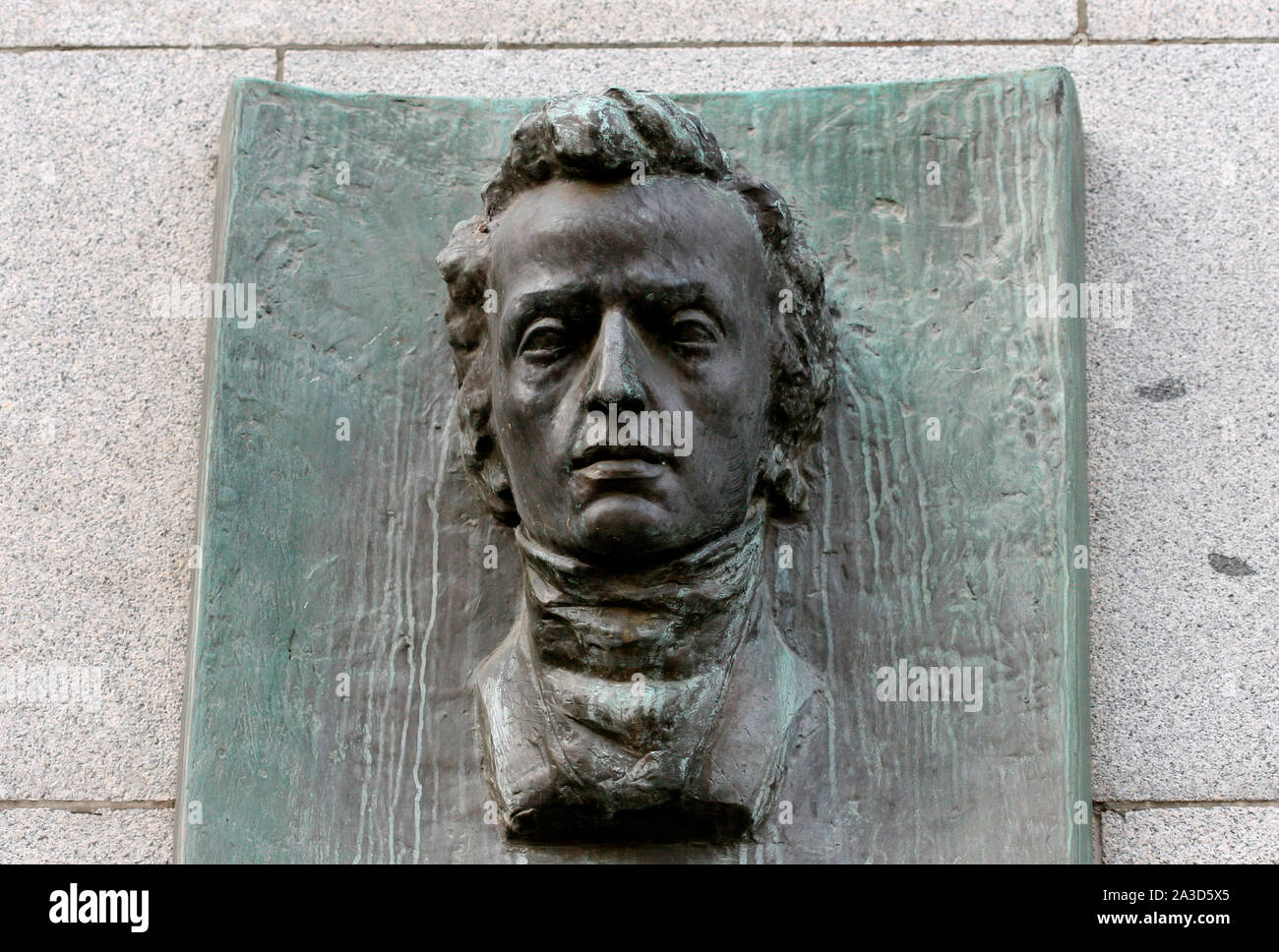 Frederic Chopin (1810-1849). Polish composer and virtuoso pianist of the Romantic era. Commemorative plaque on wall of the Czech National Bank, house where Chopin lived from 1829 to 1830 in the city. Prague, Czech Republic. Stock Photo