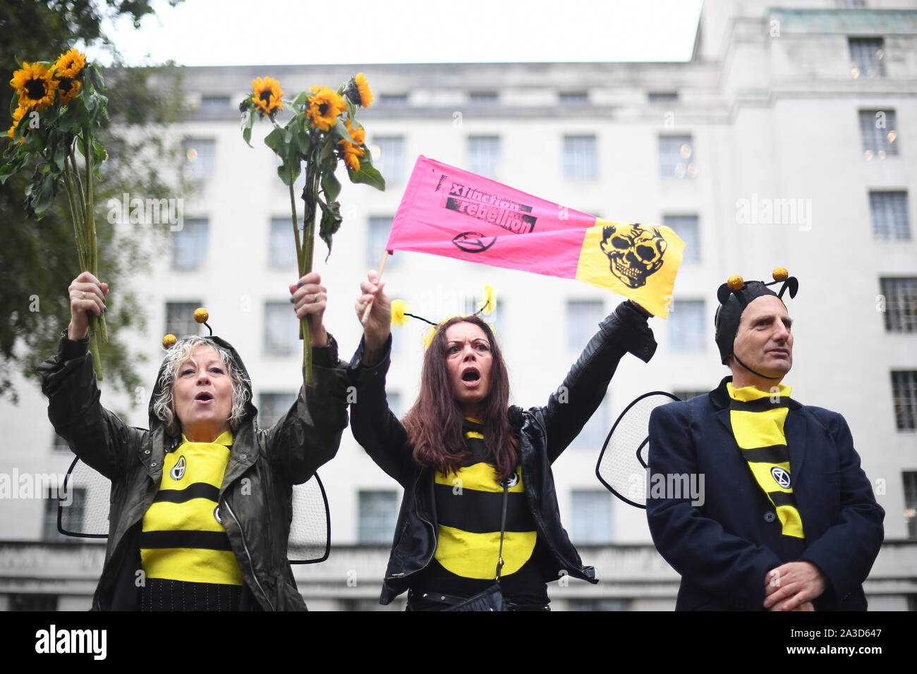 Demonstrators dressed as bees on Whitehall, outside Downing Street, during an Extinction Rebellion (XR) protest in Westminster, London. Stock Photo