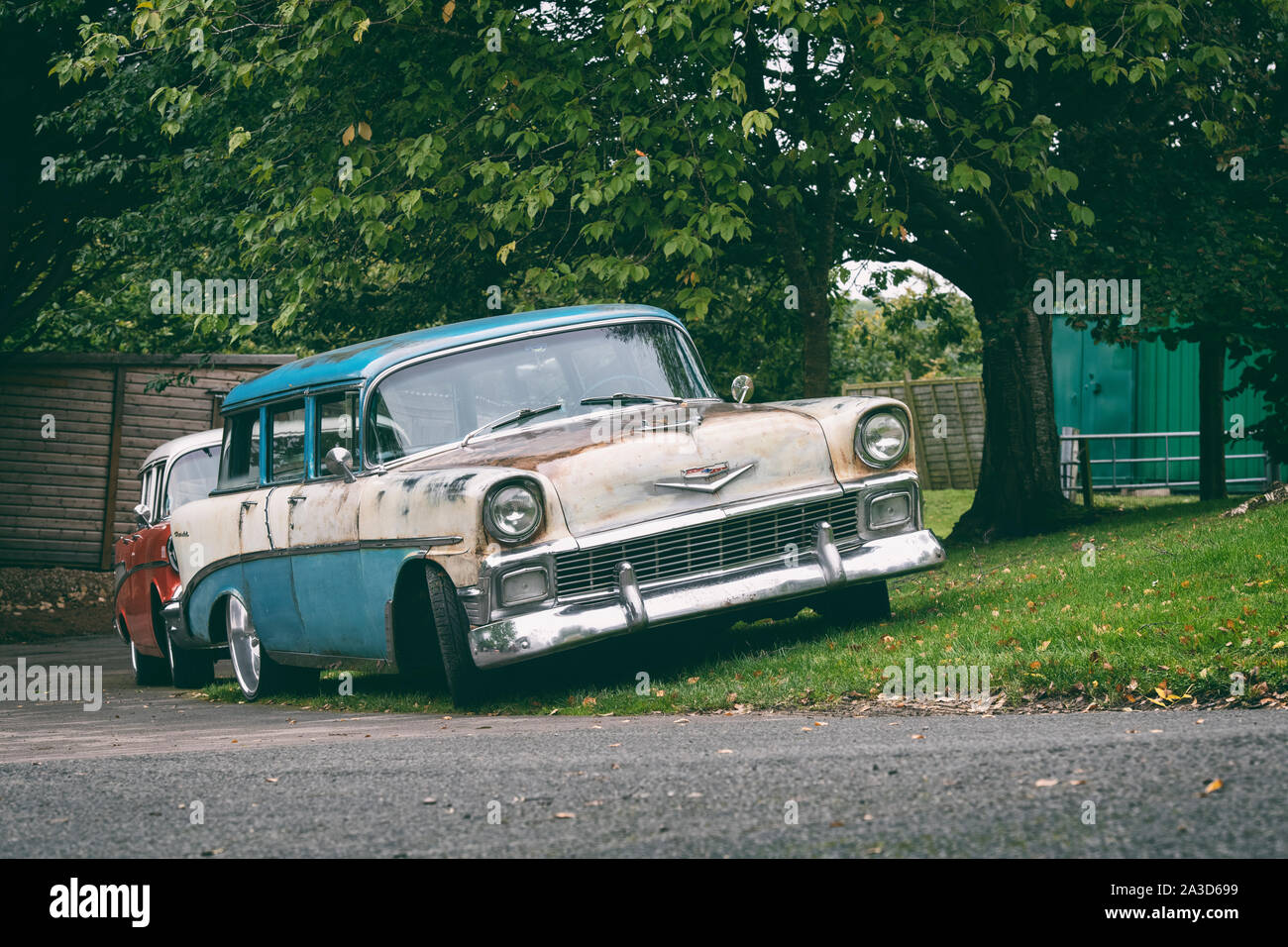 1956 and 1957 Chevrolet Bel Air station wagons at a Prescott hill climb event. Gloucestershire, England. Vintage filter applied Stock Photo