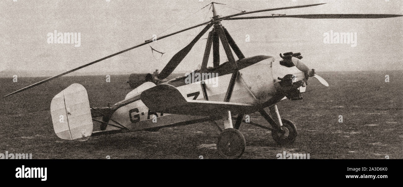 The autogiro or windmill plane, invented by Juan de la Cierva y Codorníu in 1924.  With a large lifting windwheel mounted in a horizontal position above the fuselage, the machine could hover, ascend and descend vertically.  From The Pageant of the Century, published 1934. Stock Photo