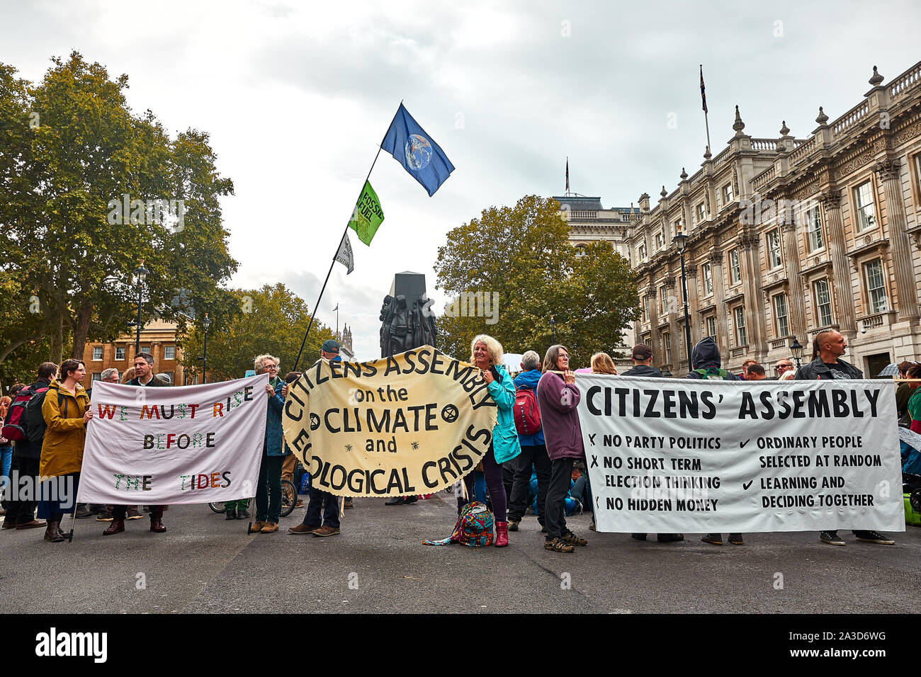 London, U.K. - Oct 7, 2019: Environmental campaigners from Extinction Rebellion in Whitehall on the first day of a planned two weeks of protests. Stock Photo