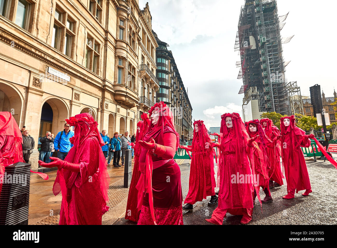 London, U.K. - Oct 7, 2019: Environmental campaigners from Extinction Rebellion in Westminster on the first day of a planned two weeks of protests. Stock Photo
