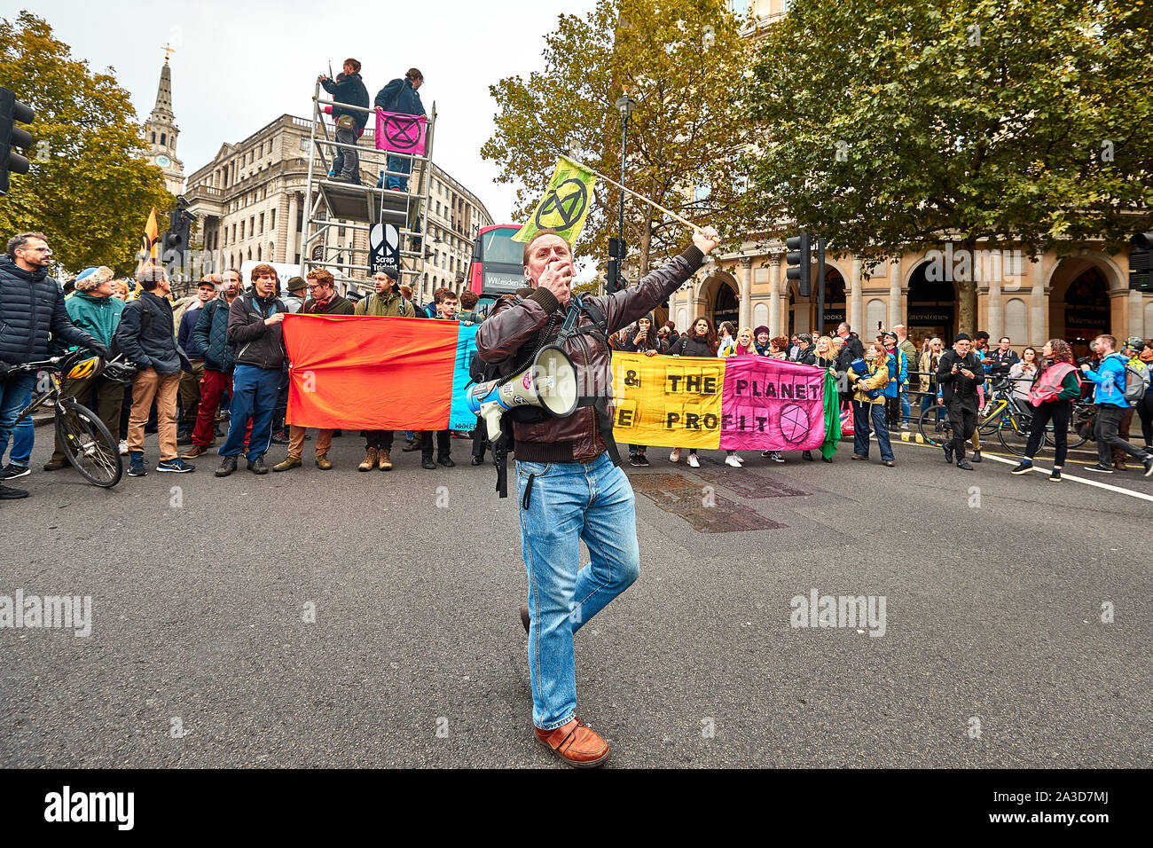 London, U.K. - Oct 7, 2019: Environmental campaigners from Extinction Rebellion protesting in Trafalgar Square on the first day of a planned two weeks of protests. Stock Photo