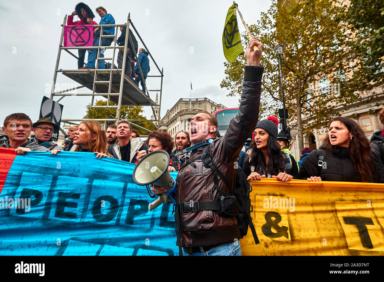 London, U.K. - Oct 7, 2019: Environmental campaigners from Extinction Rebellion protesting in Trafalgar Square on the first day of a planned two weeks of protests. Stock Photo
