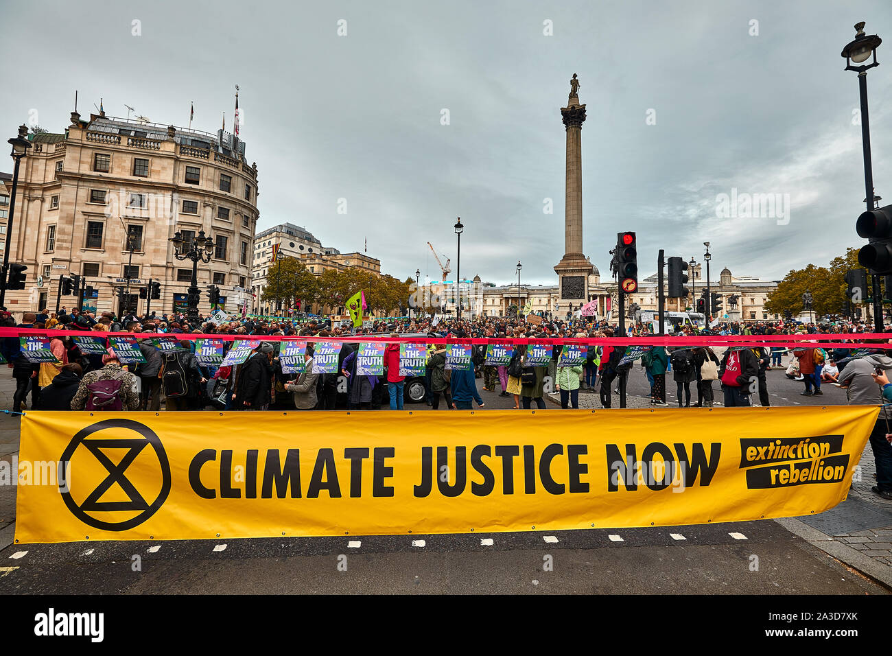 London, U.K. - Oct 7, 2019: Environmental campaigners from Extinction Rebellion in central London on the first day of a planned two weeks of protests. Stock Photo