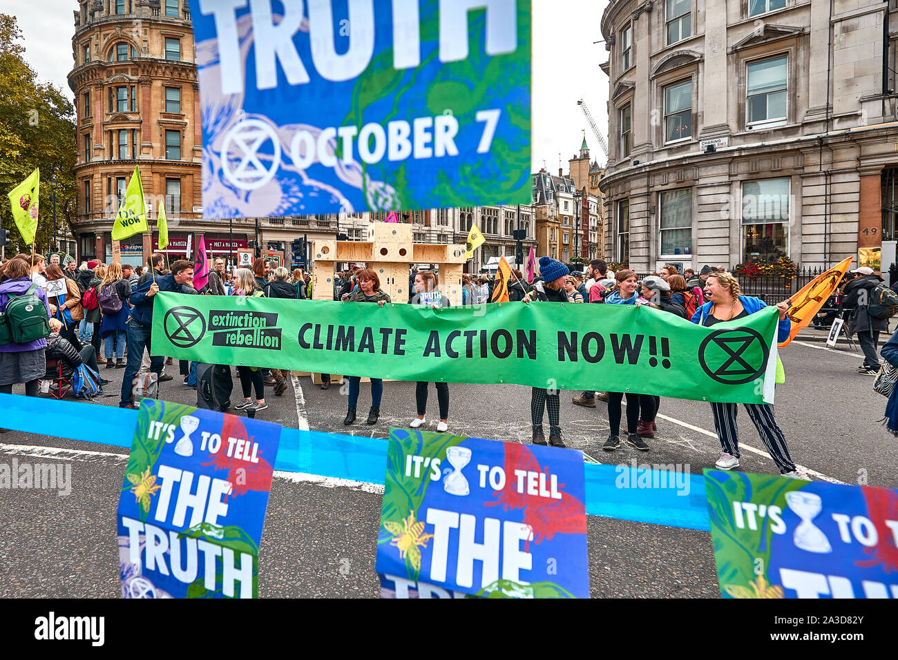 London, U.K. - Oct 7, 2019: Environmental campaigners from Extinction Rebellion in central London on the first day of a planned two weeks of protests. Stock Photo