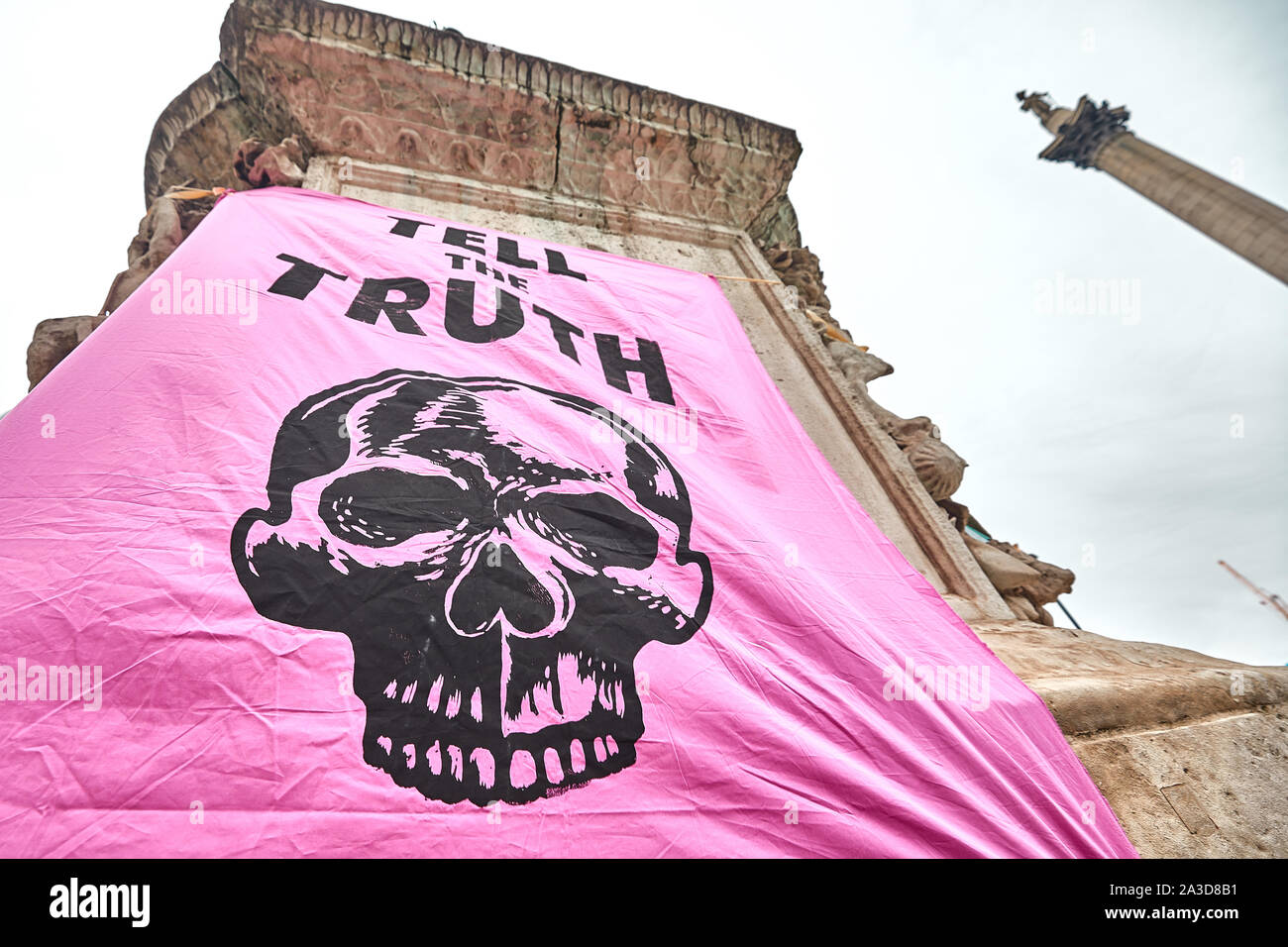 London, U.K. - Oct 7, 2019: A banner in Trafalgar Square placed by environmental campaigners from Extinction Rebellion on the first day of a planned two weeks of protests. Stock Photo