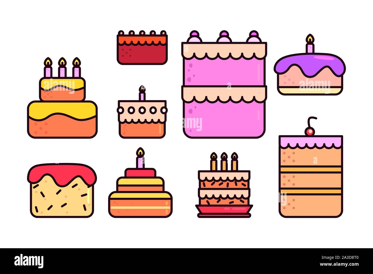bundle birthday cakes with icons set vector illustration design Stock ...