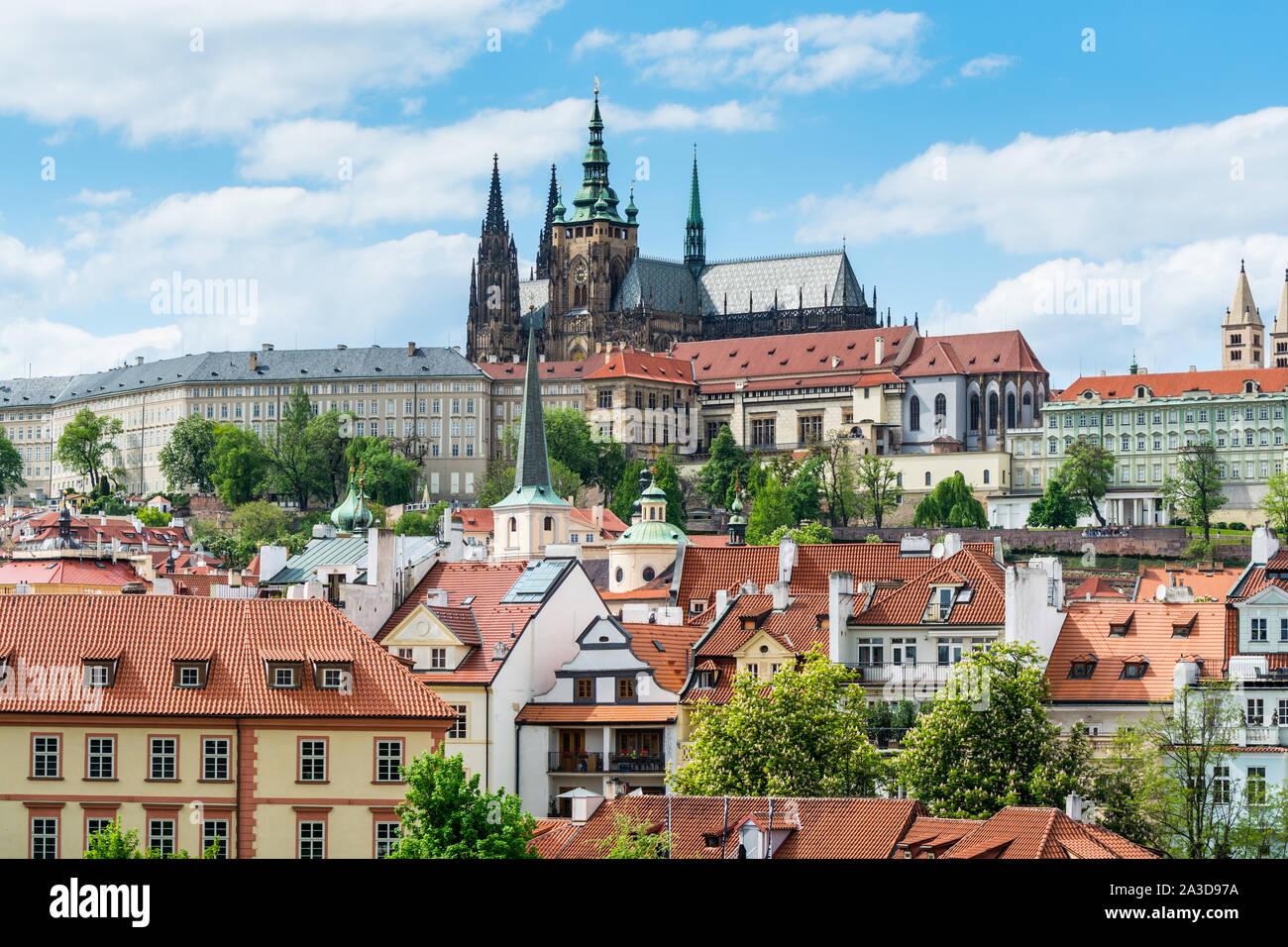 The rooftop of Prague Castle, and red rooftops of Lesser town or Mala ...