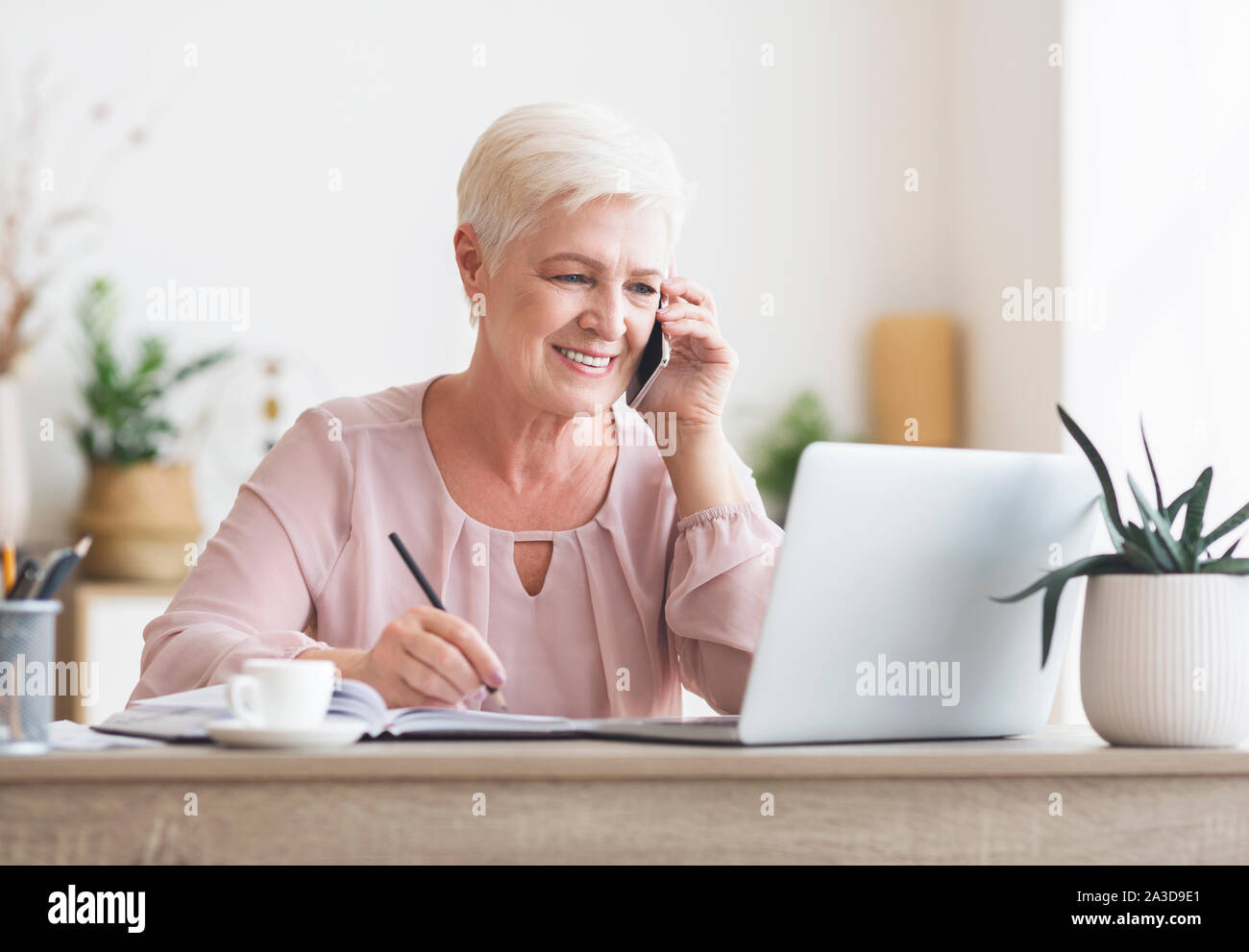 Smiling elderly lady talking to business partners Stock Photo
