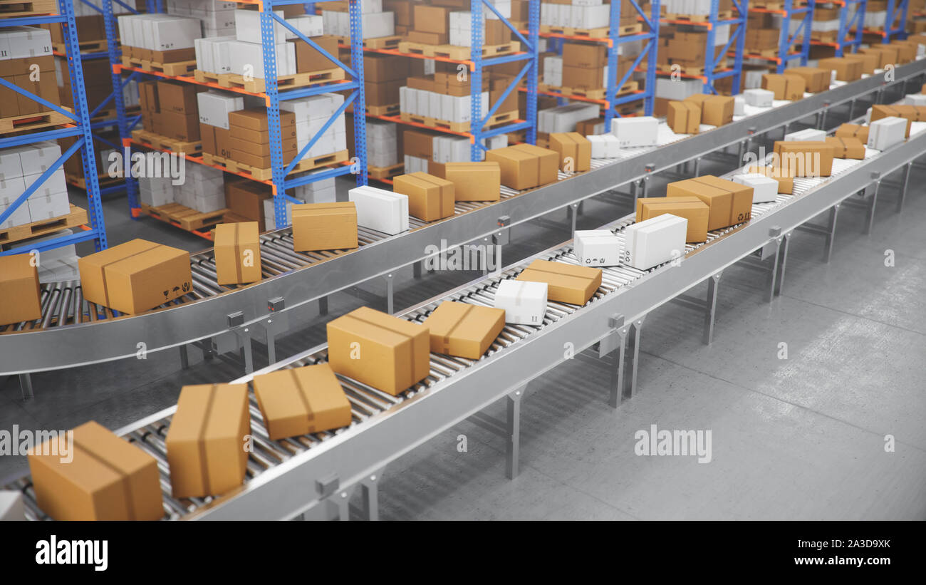 Packages delivery, parcels transportation system concept, cardboard boxes on conveyor belt in warehouse. Warehouse with cardboard boxes inside on Stock Photo