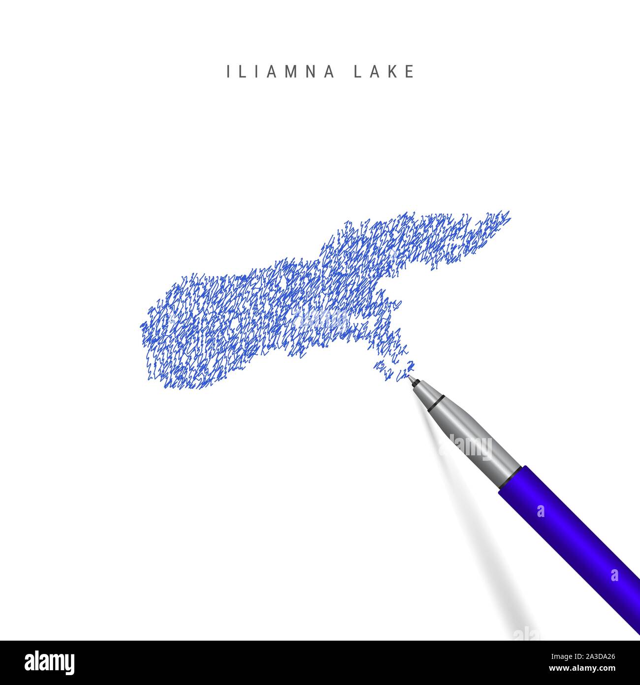 Iliamna Lake sketch scribble map isolated on white background. Hand drawn vector map of Iliamna Lake. Realistic 3D ballpoint pen or roller pen illustr Stock Vector