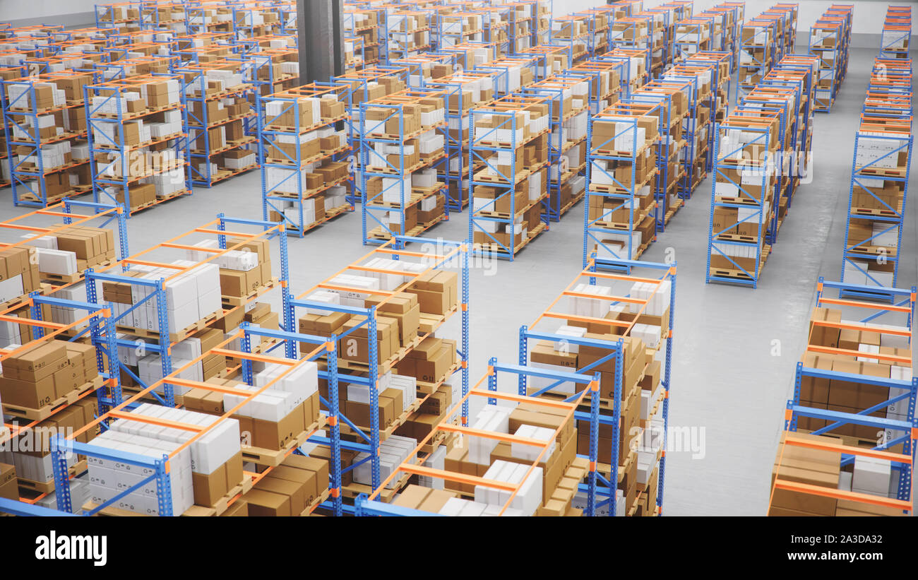 Warehouse with cardboard boxes inside on pallets racks, logistic center ...