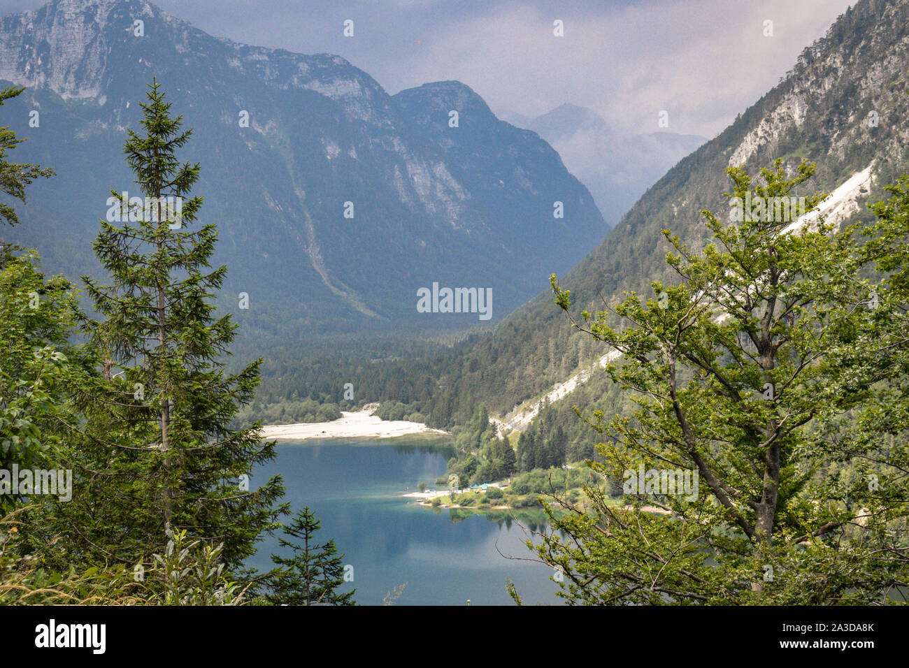 View of Lake Predil (Lago del Predil) from Predil pass at the border of Italy and Slovenia, Julian Alps. Stock Photo