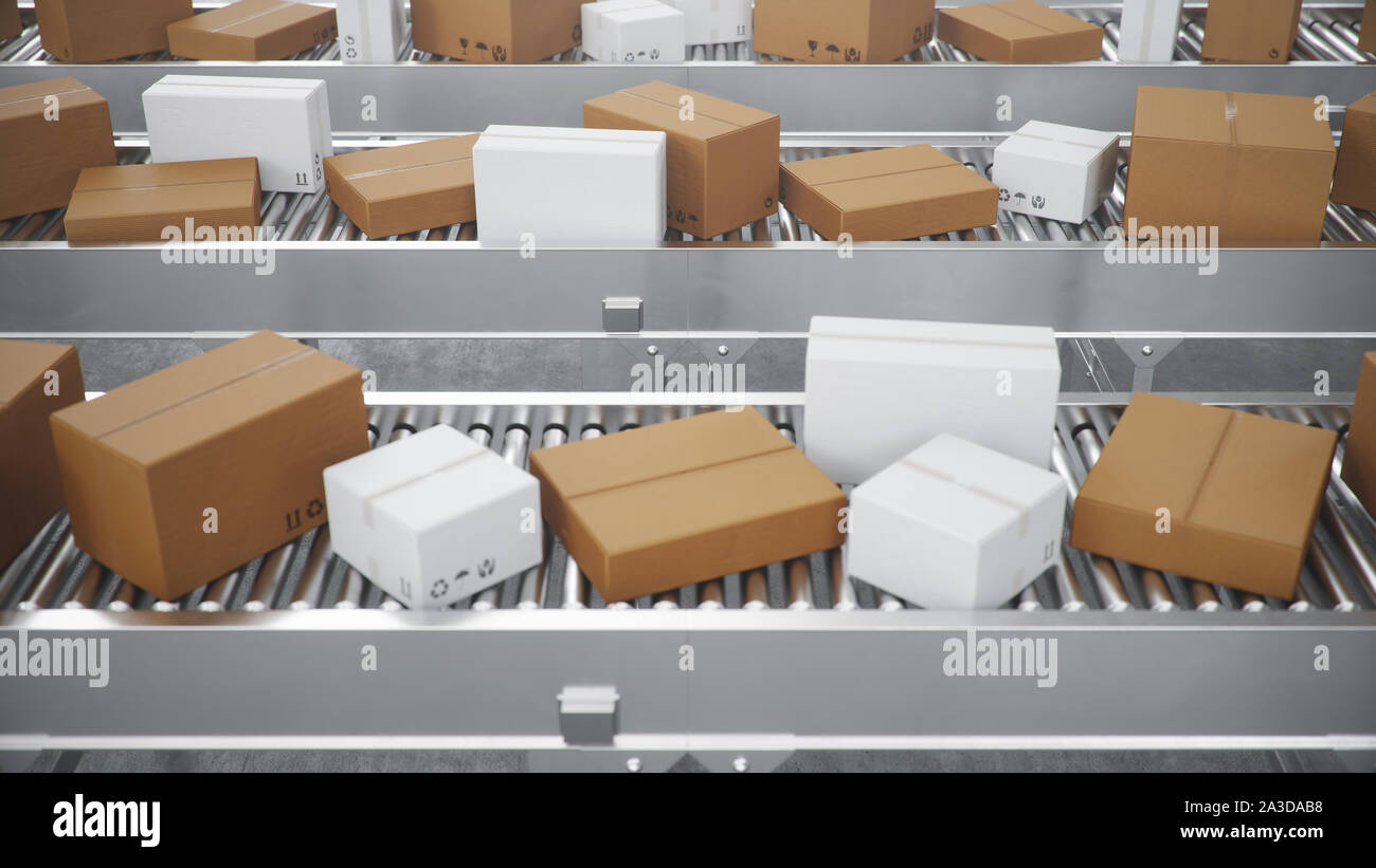 3D illustration Packages delivery, packaging service and parcels transportation system concept, cardboard boxes on a conveyor belt in a warehouse Stock Photo