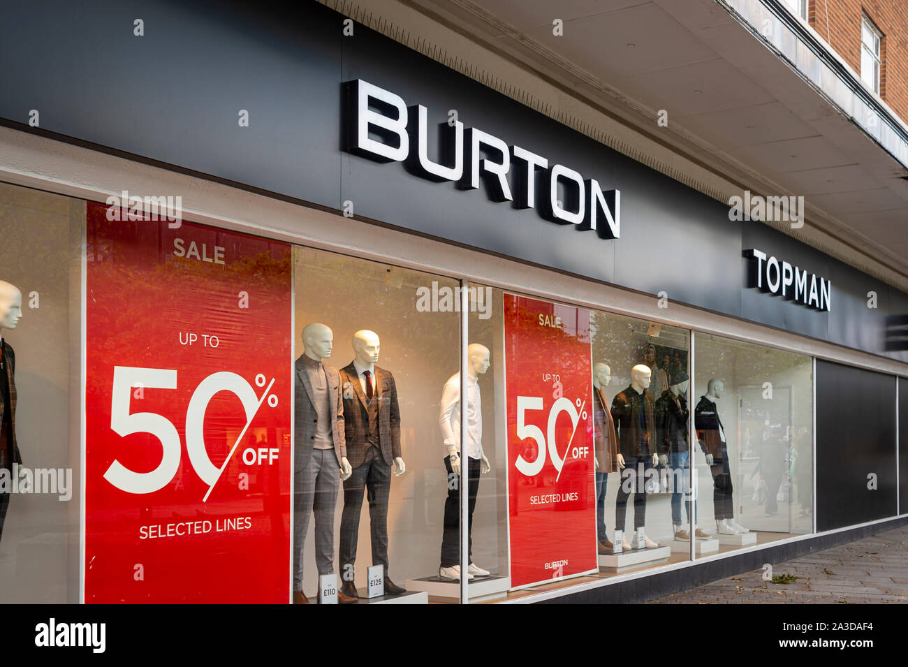 Topman Burton exterior, 50% sale signs Stock Photo