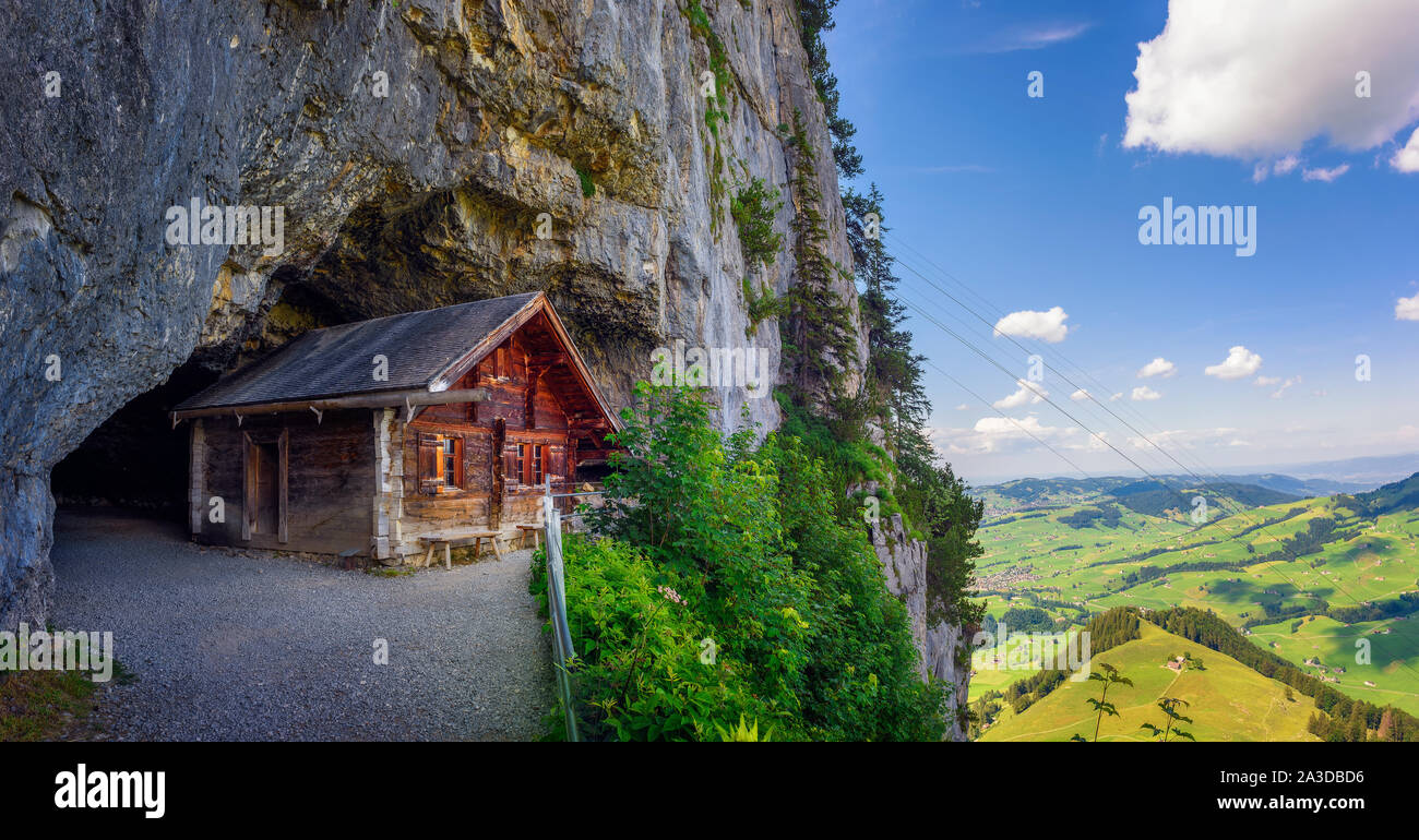 Historic cabin in the Wildkirchli cave in the Appenzell region of Switzerland Stock Photo
