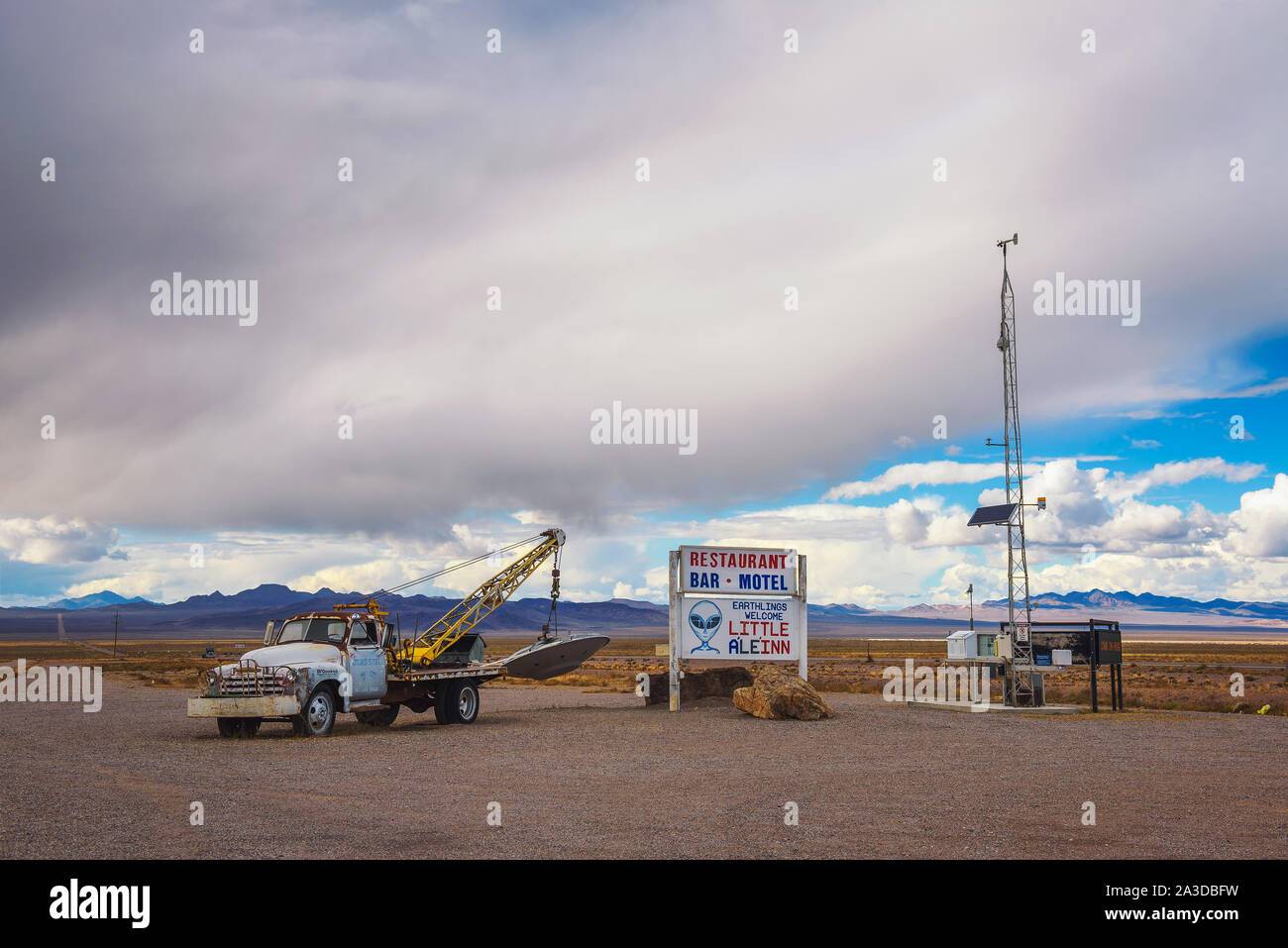 Old pickup truck with an object similar to UFO in Rachel, Nevada Stock Photo