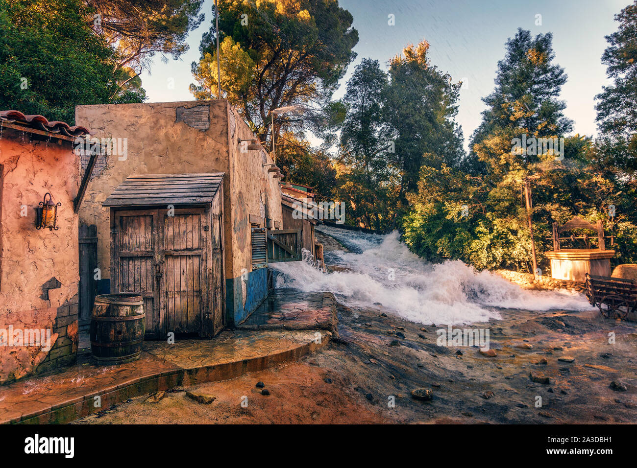 Downhill flood effect shown during Studio Tour in Universal Studios Hollywood Stock Photo