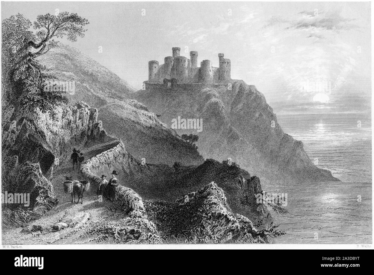 An engraving of Harlech Castle, Wales UK scanned at high resolution ...