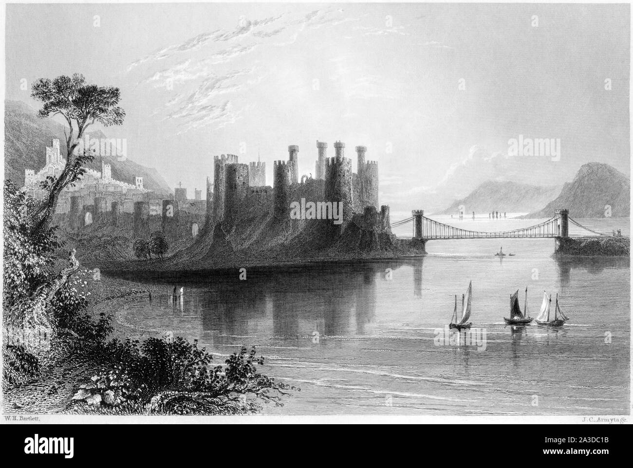 An engraving of Conway Castle (Conwy) scanned at high resolution from a book printed in 1842. This image is believed to be free of all historic copyri Stock Photo