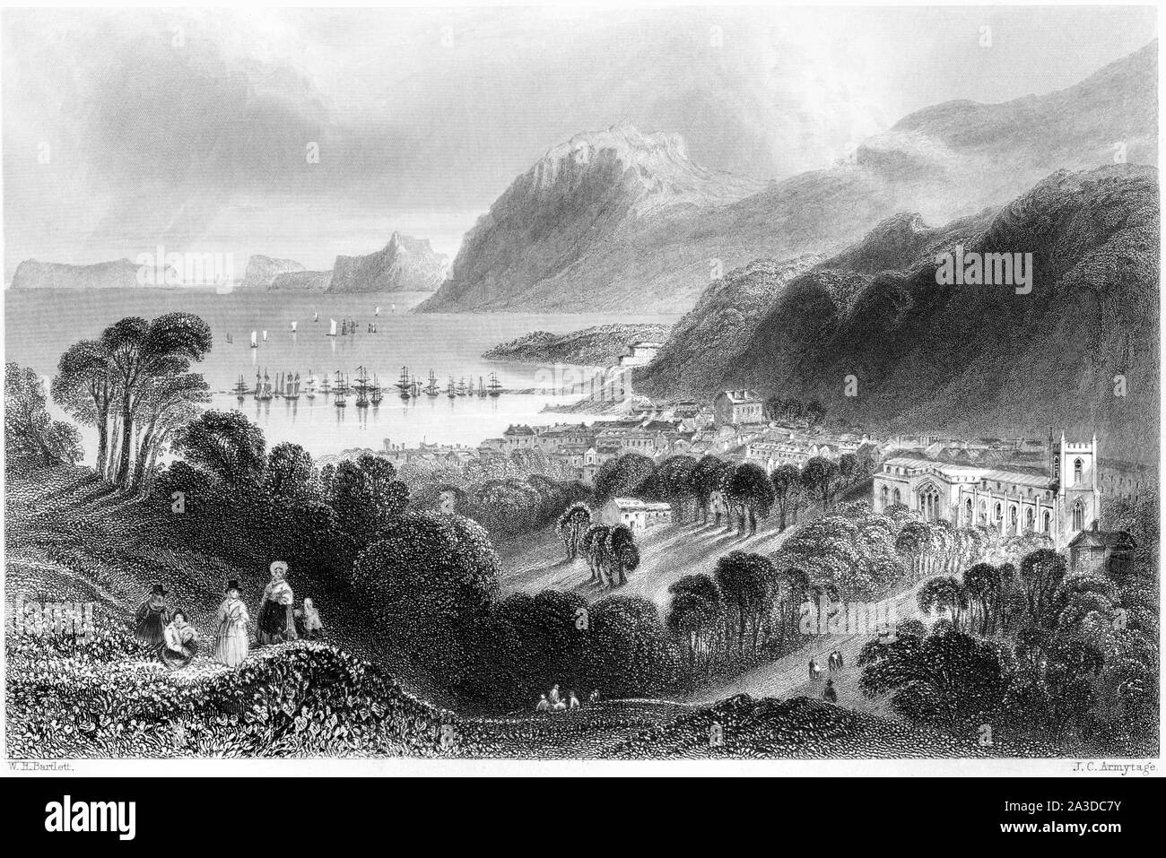 An engraving of Port Penryn and Bangor scanned at high resolution from a book printed in 1842. Believed copyright free. Stock Photo