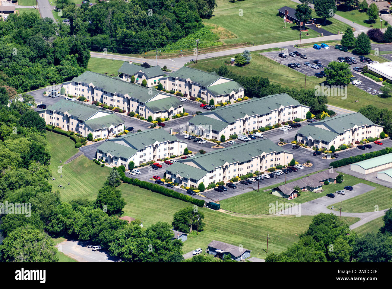 East Tennessee, United States – June 14, 2019: Horizontal aerial view of an apartment complex in East Tennessee. Stock Photo