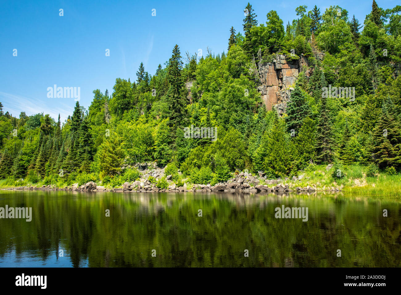 Scenic view of a secluded lake  in summer on the Talus lake Trail hike in Sleeping Giant Provincial Park, Ontario, Canada Stock Photo