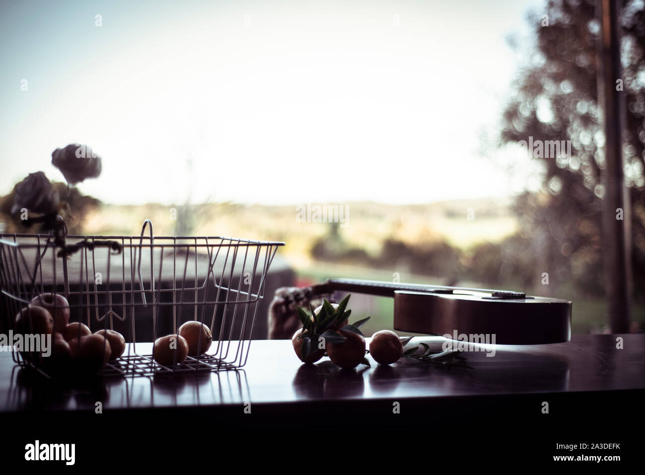 back light on open air shed table of fruit and guitars on farm Stock Photo