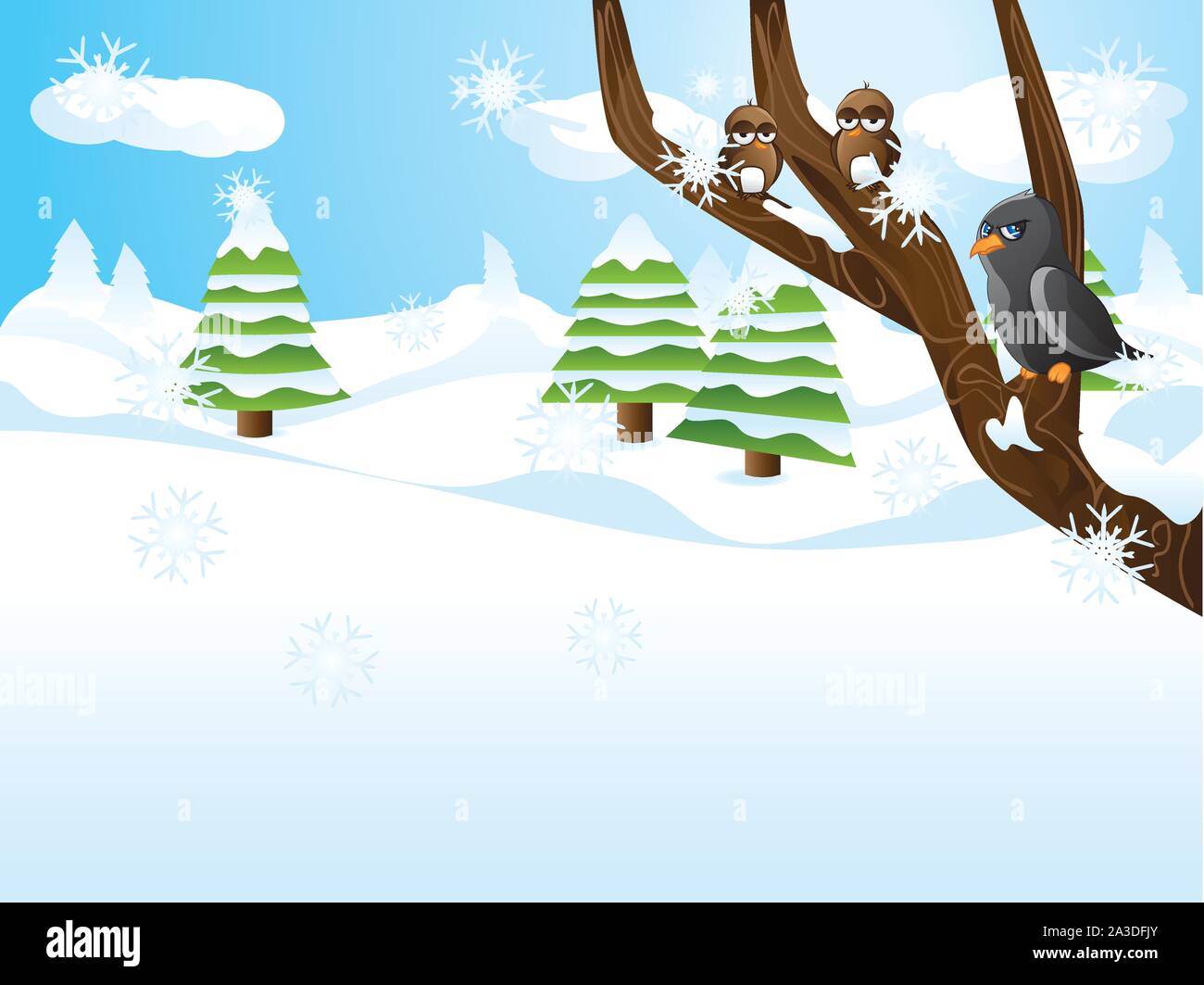 Winter landscape with tree branch and cartoon birds Stock Vector Image ...